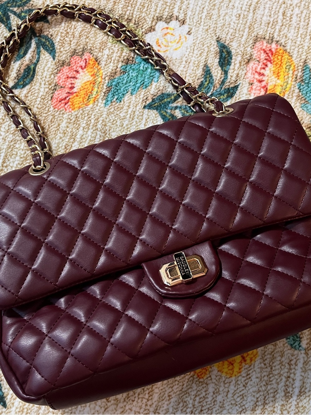 Badgley Mischka Quilted Burgundy Chain-Handle Shoulder Bag